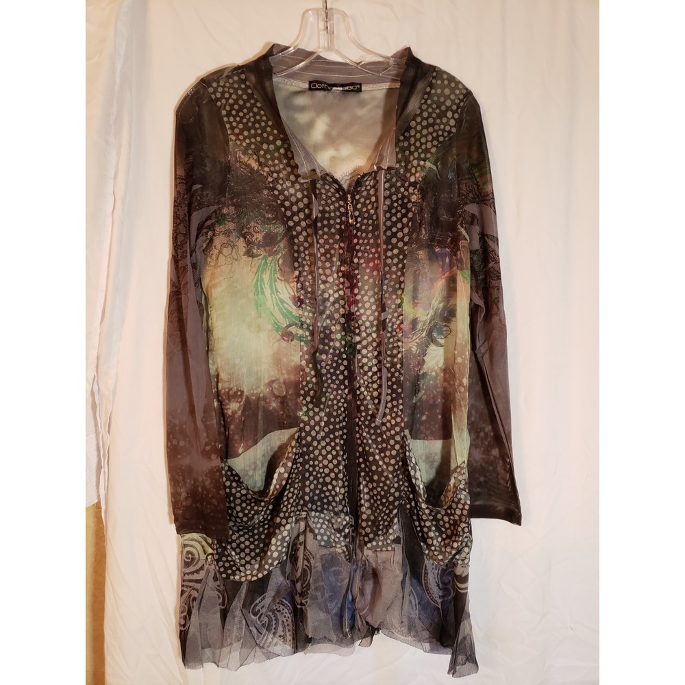 Women's Clotheshead Black Sheer Multicolor Long Sleeve Zip Cover Up Size S